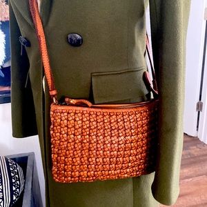 Genuine Leather Crossbody Woven Leather Pattern Purse Carmel Brown